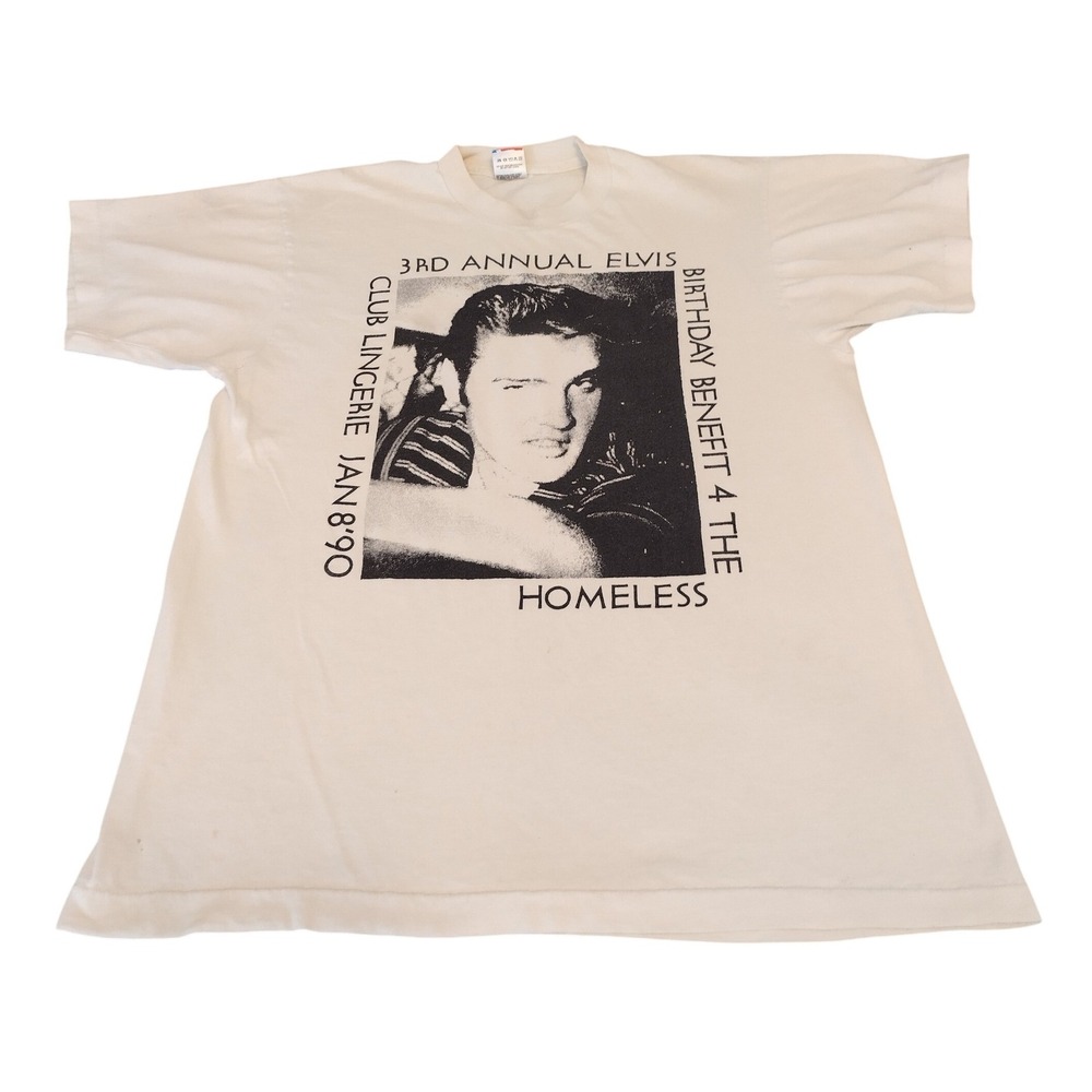 Vintage 90s Elvis Birthday Benefit Homeless T-Shirt Mens L White Single Stitch